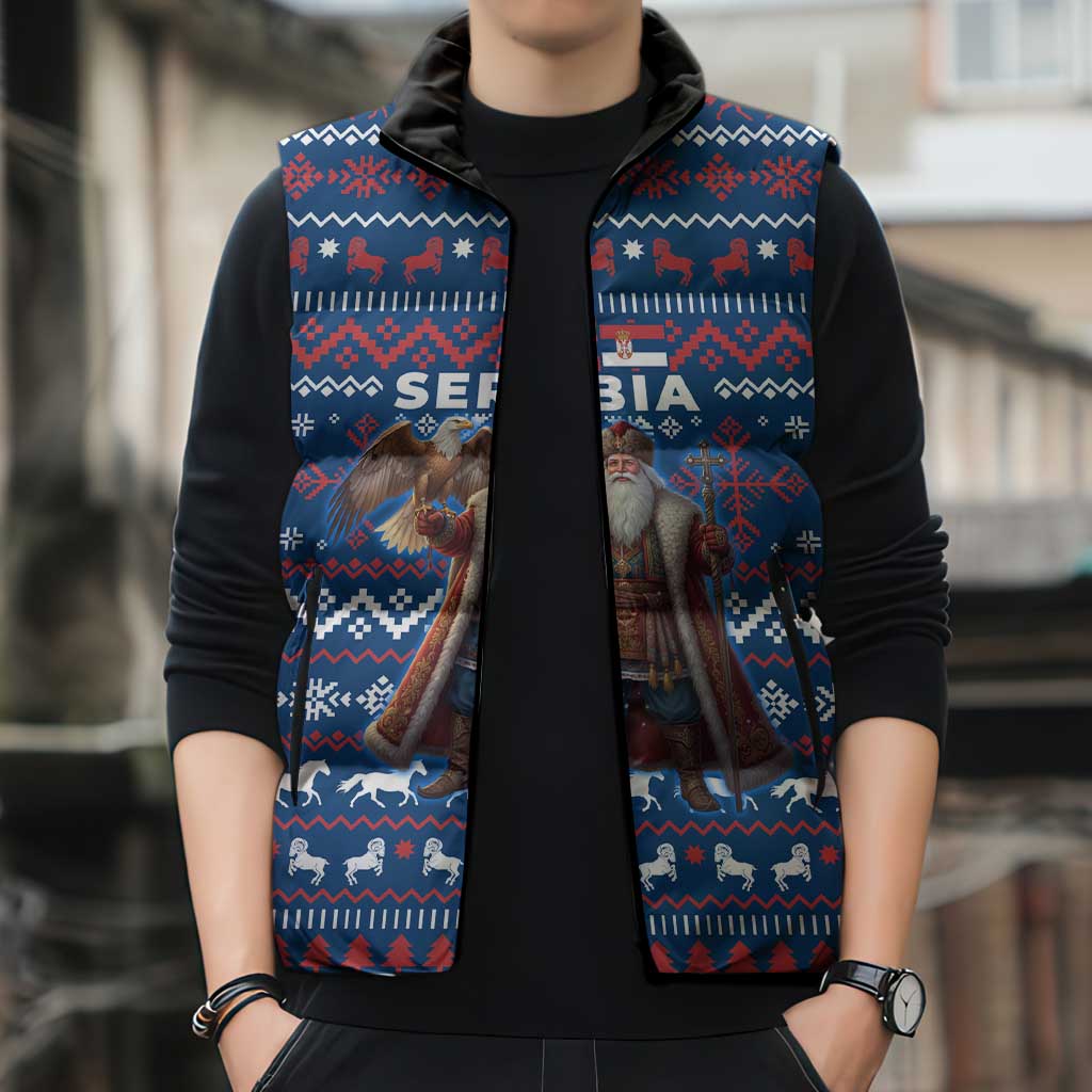 Serbia Christmas Sleeveless Puffer Jacket with Traditional Santa Eagle Serbian Coat of Arms and Blue Red White Folk Pattern Design - Wonder Print Shop