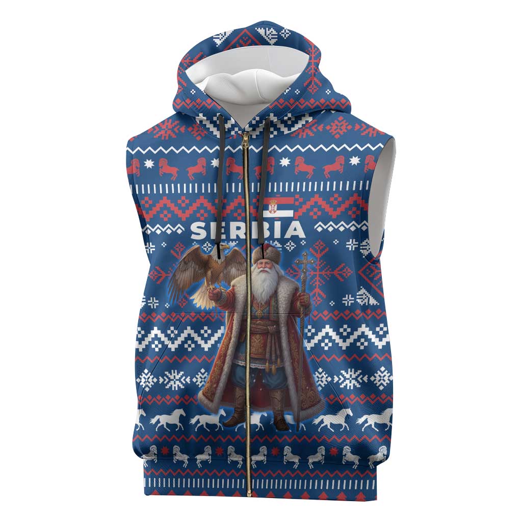 Serbia Christmas Sleeveless Zip Hoodie with Traditional Santa Eagle Serbian Coat of Arms and Blue Red White Folk Pattern Design - Wonder Print Shop
