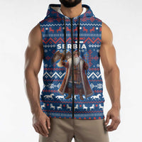 Serbia Christmas Sleeveless Zip Hoodie with Traditional Santa Eagle Serbian Coat of Arms and Blue Red White Folk Pattern Design - Wonder Print Shop