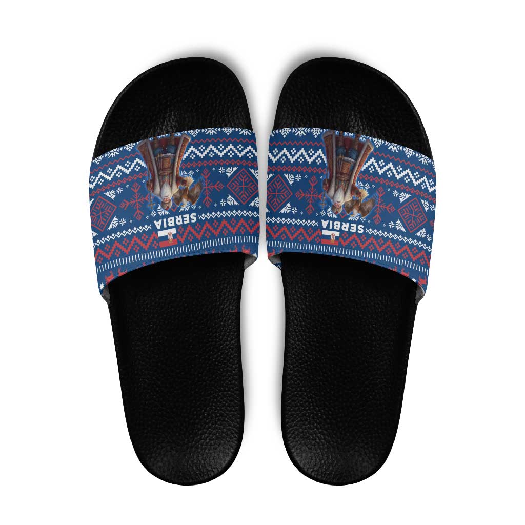 Serbia Christmas Slide Sandals with Traditional Santa Eagle Serbian Coat of Arms and Blue Red White Folk Pattern Design - Wonder Print Shop
