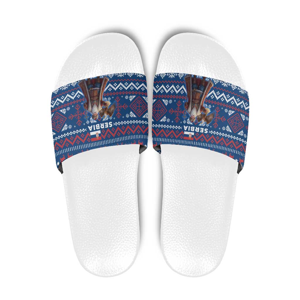 Serbia Christmas Slide Sandals with Traditional Santa Eagle Serbian Coat of Arms and Blue Red White Folk Pattern Design - Wonder Print Shop