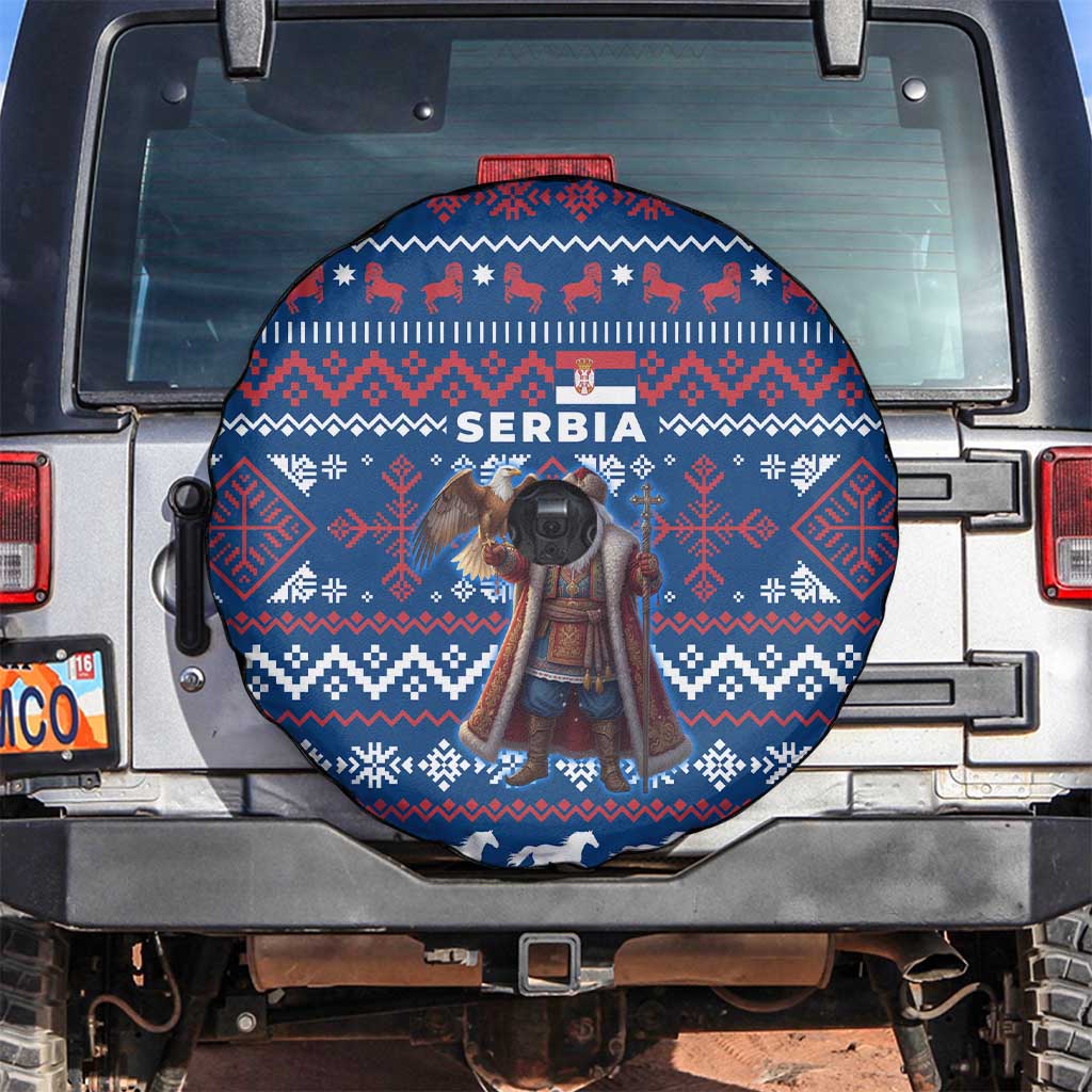 Serbia Christmas Spare Tire Cover with Traditional Santa Eagle Serbian Coat of Arms and Blue Red White Folk Pattern Design - Wonder Print Shop