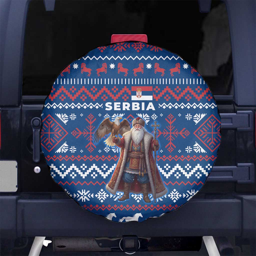 Serbia Christmas Spare Tire Cover with Traditional Santa Eagle Serbian Coat of Arms and Blue Red White Folk Pattern Design - Wonder Print Shop