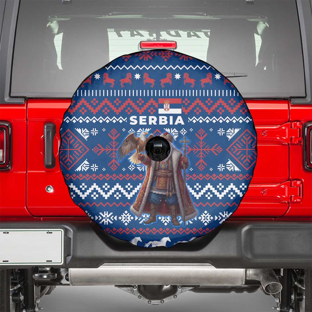 Serbia Christmas Spare Tire Cover with Traditional Santa Eagle Serbian Coat of Arms and Blue Red White Folk Pattern Design - Wonder Print Shop
