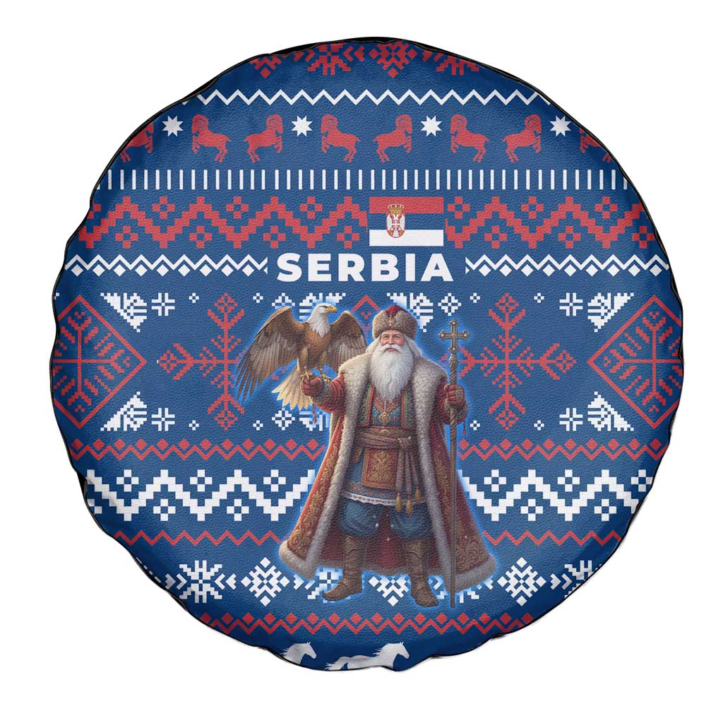 Serbia Christmas Spare Tire Cover with Traditional Santa Eagle Serbian Coat of Arms and Blue Red White Folk Pattern Design - Wonder Print Shop