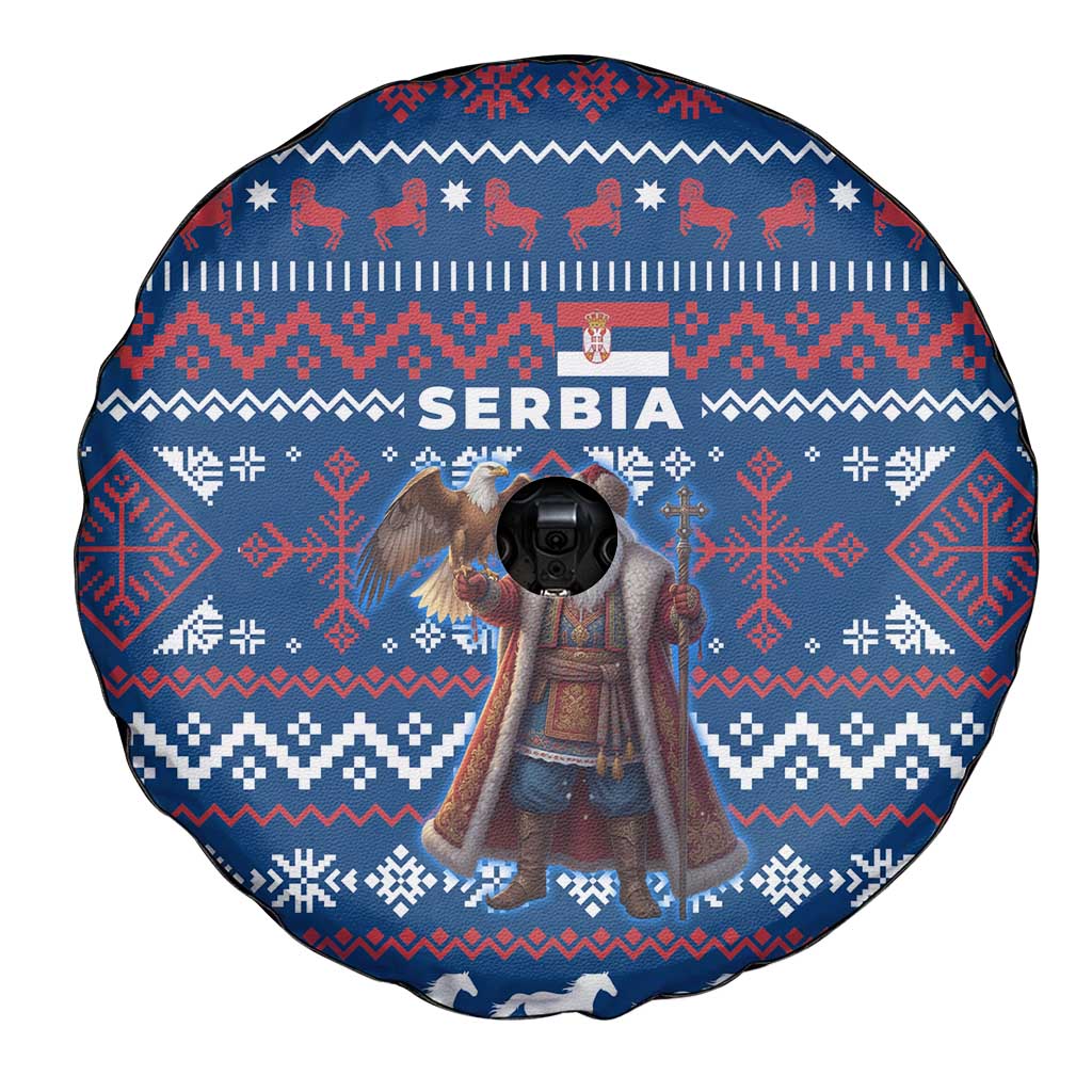 Serbia Christmas Spare Tire Cover with Traditional Santa Eagle Serbian Coat of Arms and Blue Red White Folk Pattern Design - Wonder Print Shop