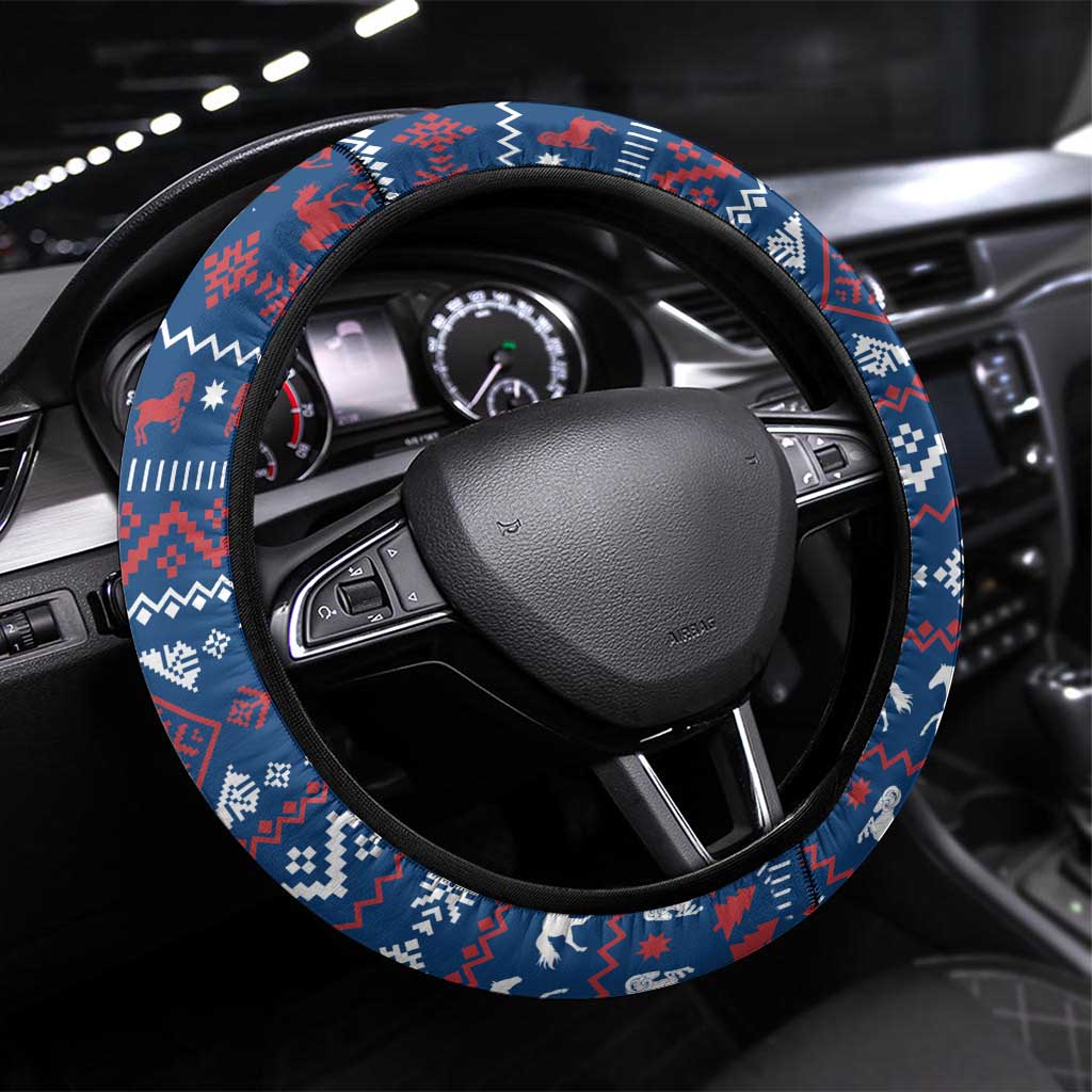 Serbia Christmas Steering Wheel Cover with Traditional Santa Eagle Serbian Coat of Arms and Blue Red White Folk Pattern Design - Wonder Print Shop