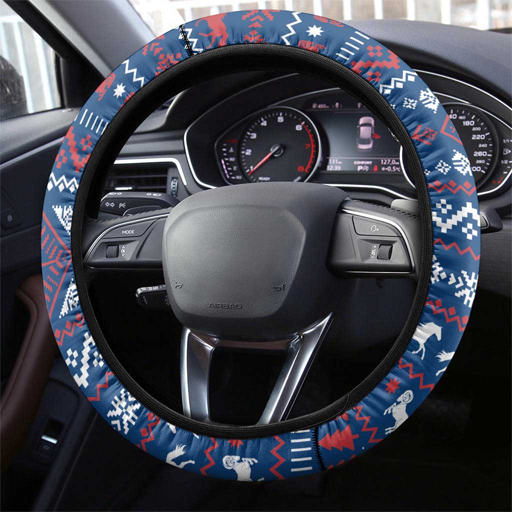 Serbia Christmas Steering Wheel Cover with Traditional Santa Eagle Serbian Coat of Arms and Blue Red White Folk Pattern Design - Wonder Print Shop