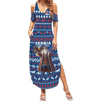 Serbia Christmas Summer Maxi Dress with Traditional Santa Eagle Serbian Coat of Arms and Blue Red White Folk Pattern Design - Wonder Print Shop