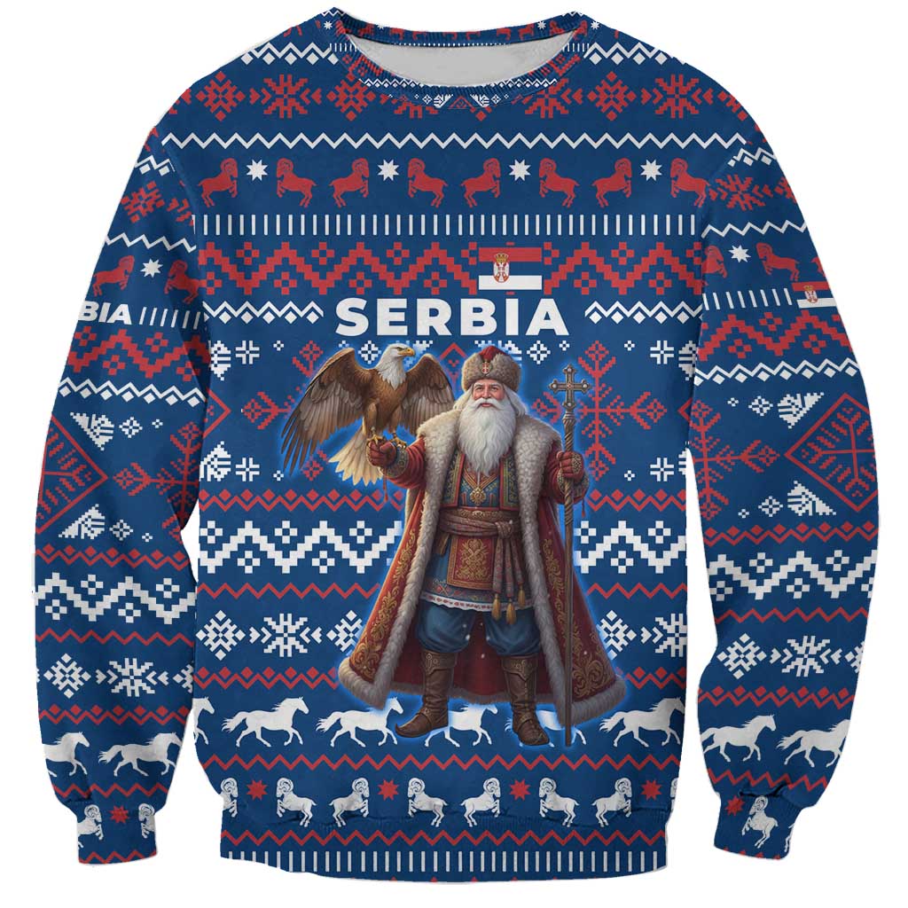 Serbia Christmas Sweatshirt with Traditional Santa Eagle Serbian Coat of Arms and Blue Red White Folk Pattern Design - Wonder Print Shop
