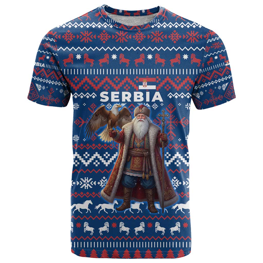 Serbia Christmas T Shirt with Traditional Santa Eagle Serbian Coat of Arms and Blue Red White Folk Pattern Design - Wonder Print Shop