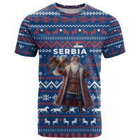 Serbia Christmas T Shirt with Traditional Santa Eagle Serbian Coat of Arms and Blue Red White Folk Pattern Design - Wonder Print Shop