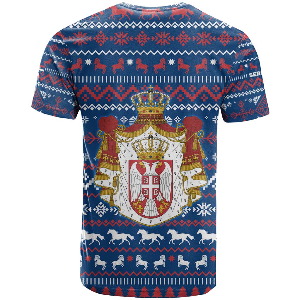 Serbia Christmas T Shirt with Traditional Santa Eagle Serbian Coat of Arms and Blue Red White Folk Pattern Design - Wonder Print Shop
