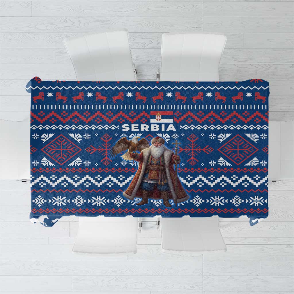 Serbia Christmas Tablecloth with Traditional Santa Eagle Serbian Coat of Arms and Blue Red White Folk Pattern Design - Wonder Print Shop