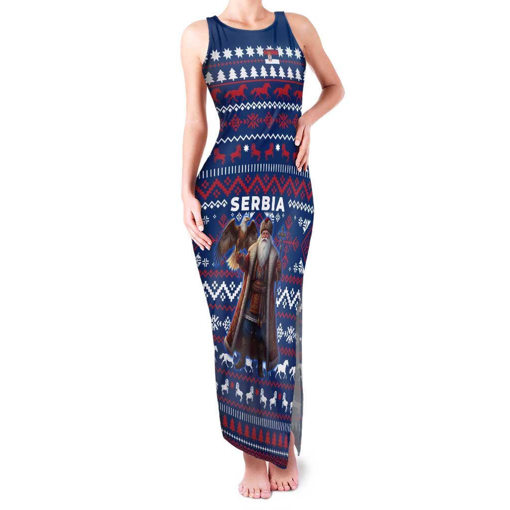 Serbia Christmas Tank Maxi Dress with Traditional Santa Eagle Serbian Coat of Arms and Blue Red White Folk Pattern Design - Wonder Print Shop