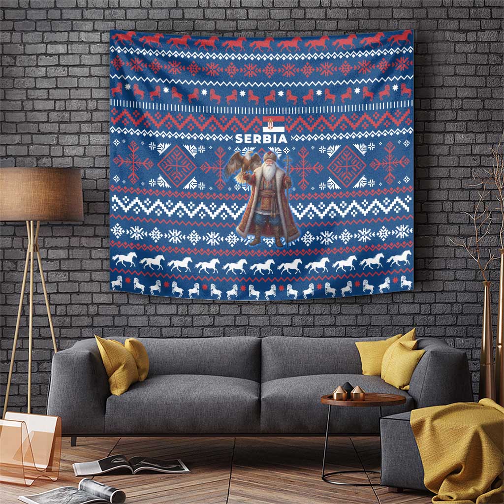 Serbia Christmas Tapestry with Traditional Santa Eagle Serbian Coat of Arms and Blue Red White Folk Pattern Design - Wonder Print Shop