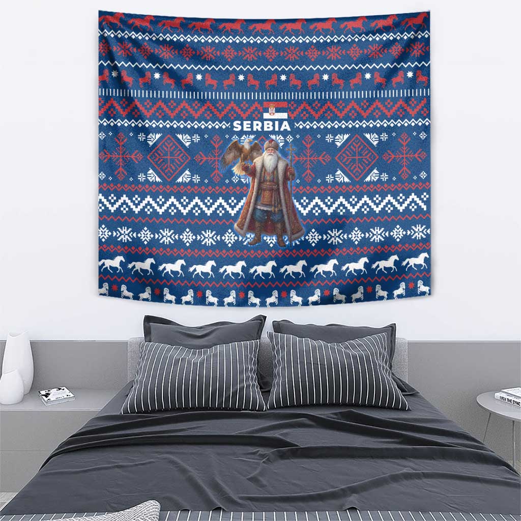 Serbia Christmas Tapestry with Traditional Santa Eagle Serbian Coat of Arms and Blue Red White Folk Pattern Design - Wonder Print Shop