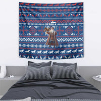 Serbia Christmas Tapestry with Traditional Santa Eagle Serbian Coat of Arms and Blue Red White Folk Pattern Design - Wonder Print Shop
