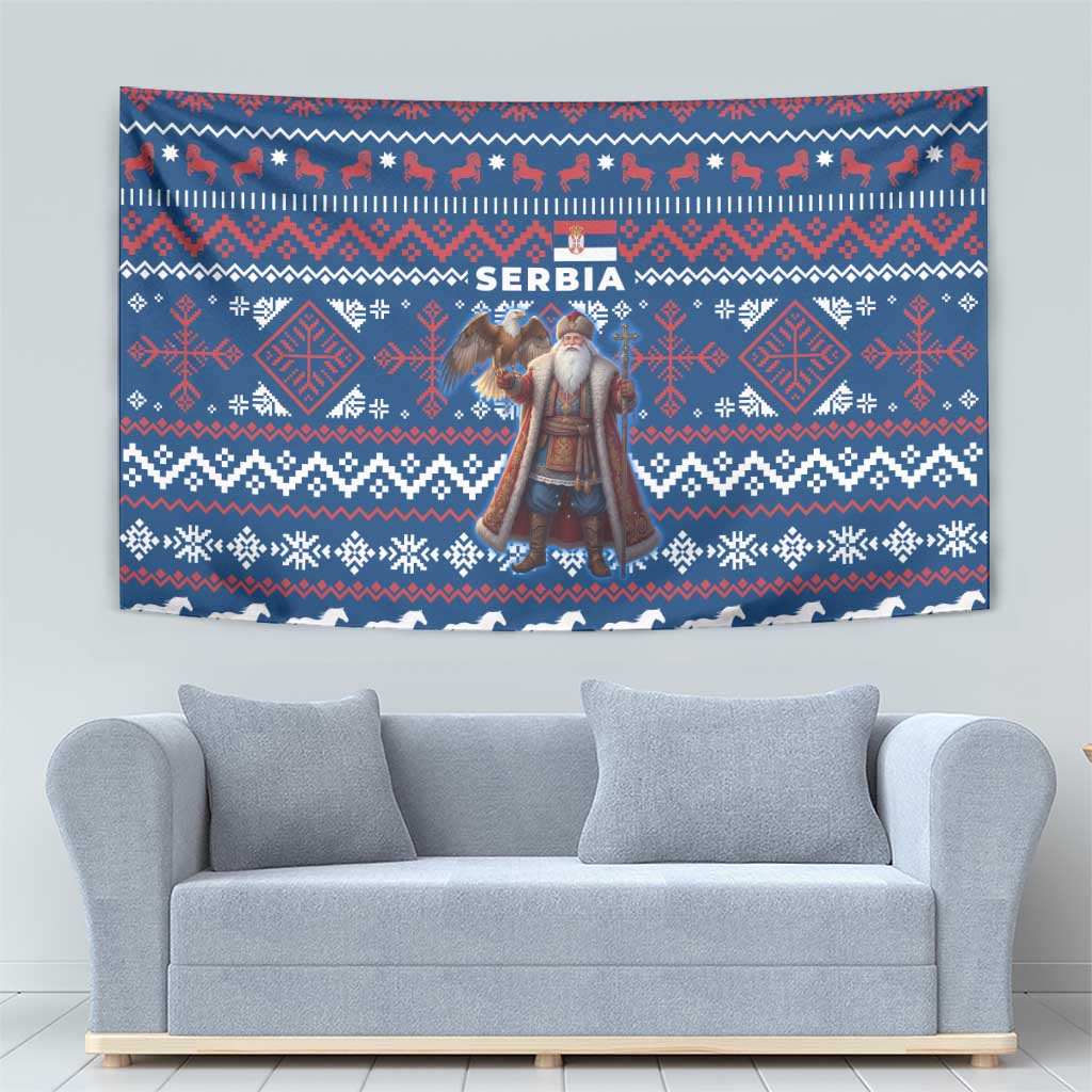 Serbia Christmas Tapestry with Traditional Santa Eagle Serbian Coat of Arms and Blue Red White Folk Pattern Design - Wonder Print Shop