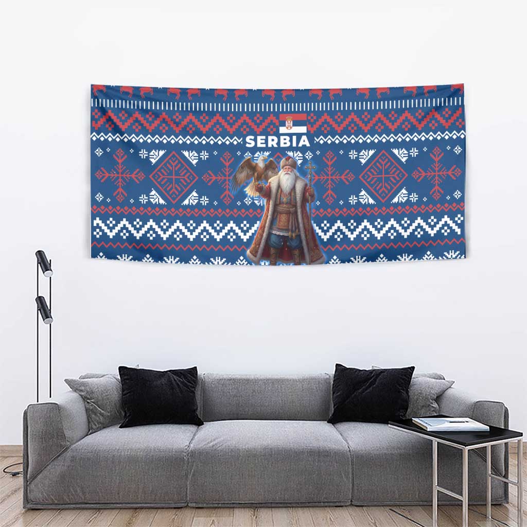 Serbia Christmas Tapestry with Traditional Santa Eagle Serbian Coat of Arms and Blue Red White Folk Pattern Design - Wonder Print Shop