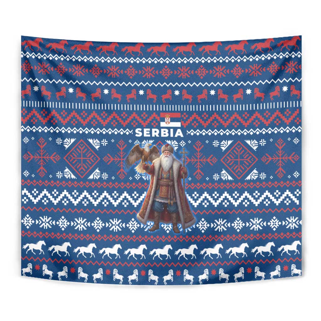 Serbia Christmas Tapestry with Traditional Santa Eagle Serbian Coat of Arms and Blue Red White Folk Pattern Design - Wonder Print Shop