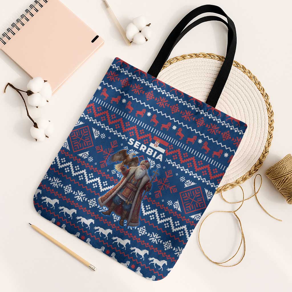 Serbia Christmas Tote Bag with Traditional Santa Eagle Serbian Coat of Arms and Blue Red White Folk Pattern Design - Wonder Print Shop