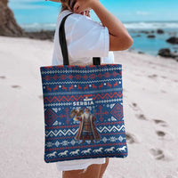 Serbia Christmas Tote Bag with Traditional Santa Eagle Serbian Coat of Arms and Blue Red White Folk Pattern Design - Wonder Print Shop