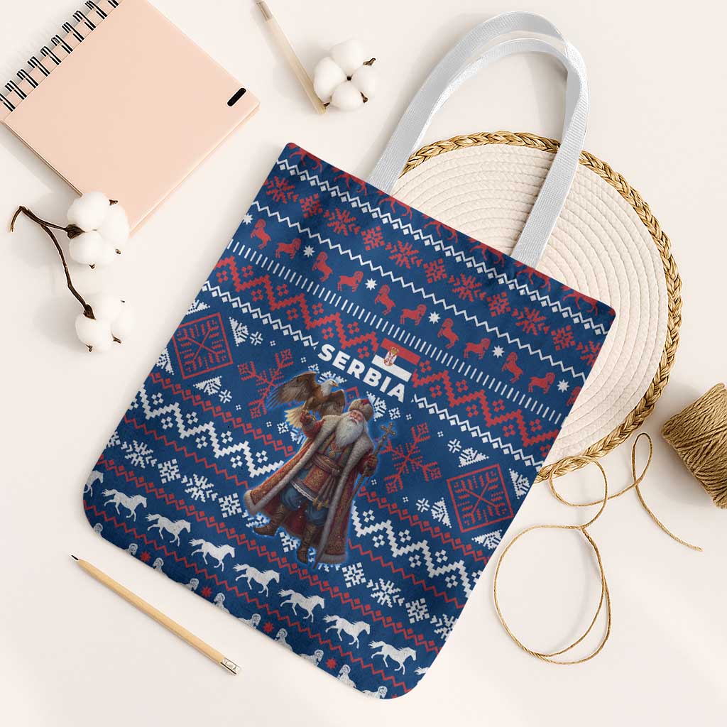 Serbia Christmas Tote Bag with Traditional Santa Eagle Serbian Coat of Arms and Blue Red White Folk Pattern Design - Wonder Print Shop