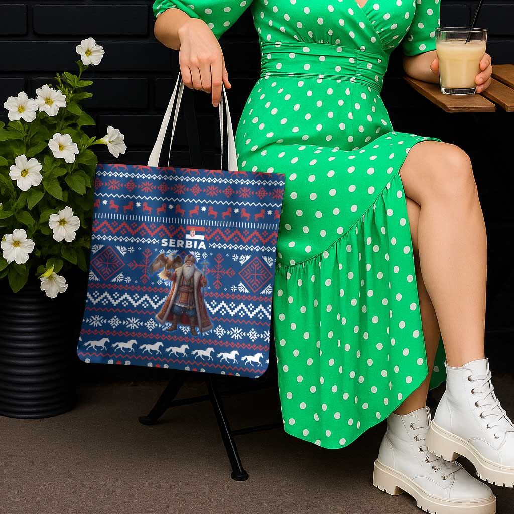 Serbia Christmas Tote Bag with Traditional Santa Eagle Serbian Coat of Arms and Blue Red White Folk Pattern Design - Wonder Print Shop