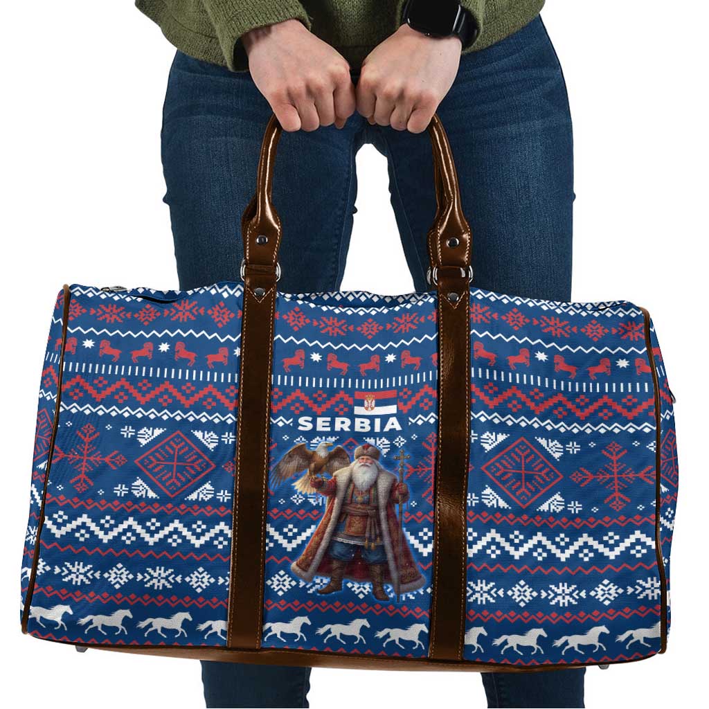 Serbia Christmas Travel Bag with Traditional Santa Eagle Serbian Coat of Arms and Blue Red White Folk Pattern Design - Wonder Print Shop