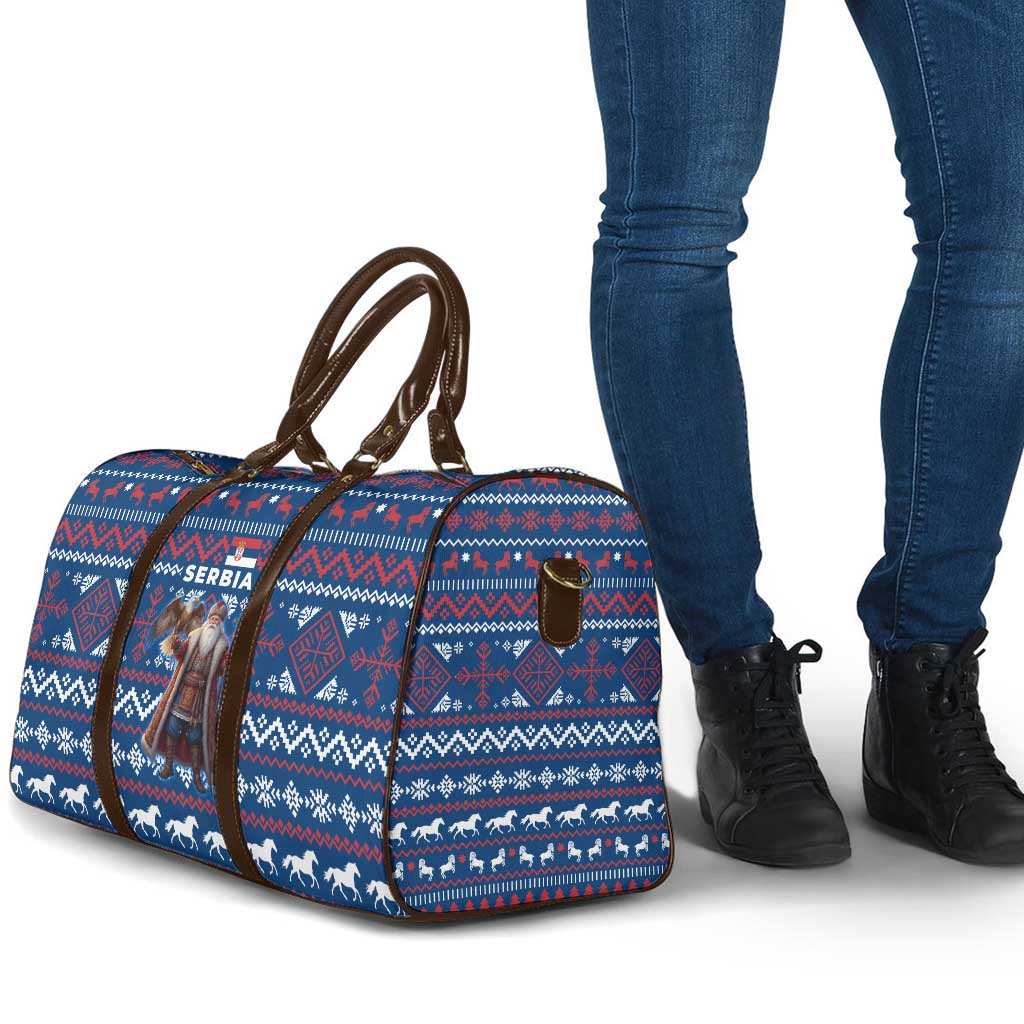 Serbia Christmas Travel Bag with Traditional Santa Eagle Serbian Coat of Arms and Blue Red White Folk Pattern Design - Wonder Print Shop
