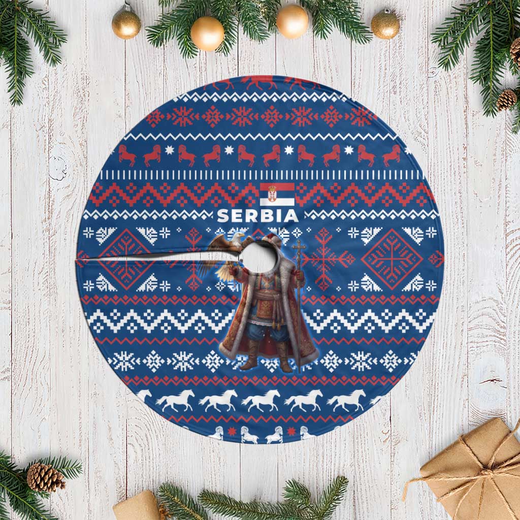 Serbia Christmas Tree Skirt with Traditional Santa Eagle Serbian Coat of Arms and Blue Red White Folk Pattern Design - Wonder Print Shop