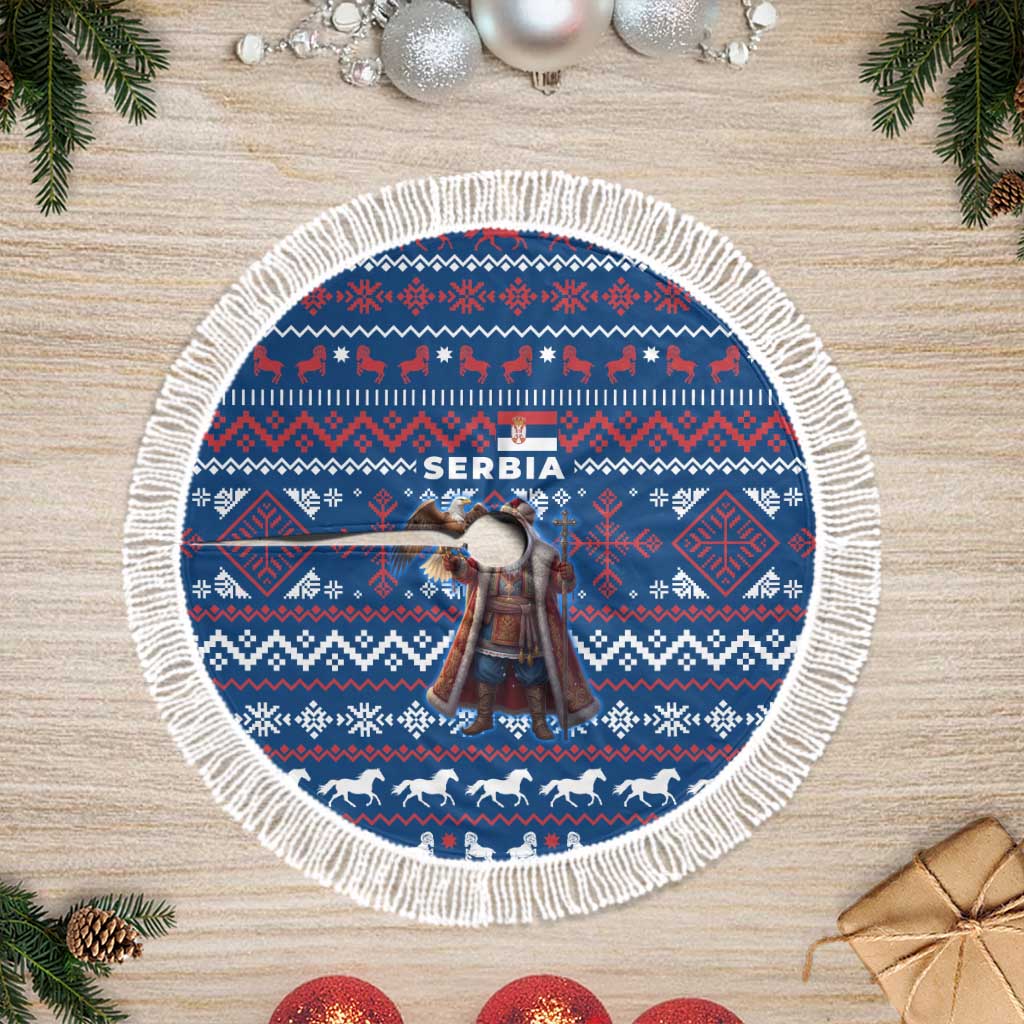 Serbia Christmas Tree Skirt with Traditional Santa Eagle Serbian Coat of Arms and Blue Red White Folk Pattern Design - Wonder Print Shop