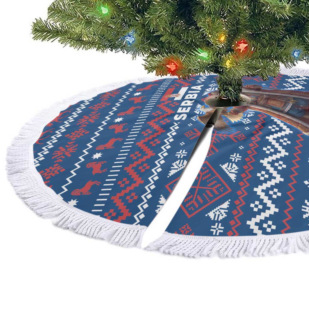Serbia Christmas Tree Skirt with Traditional Santa Eagle Serbian Coat of Arms and Blue Red White Folk Pattern Design - Wonder Print Shop