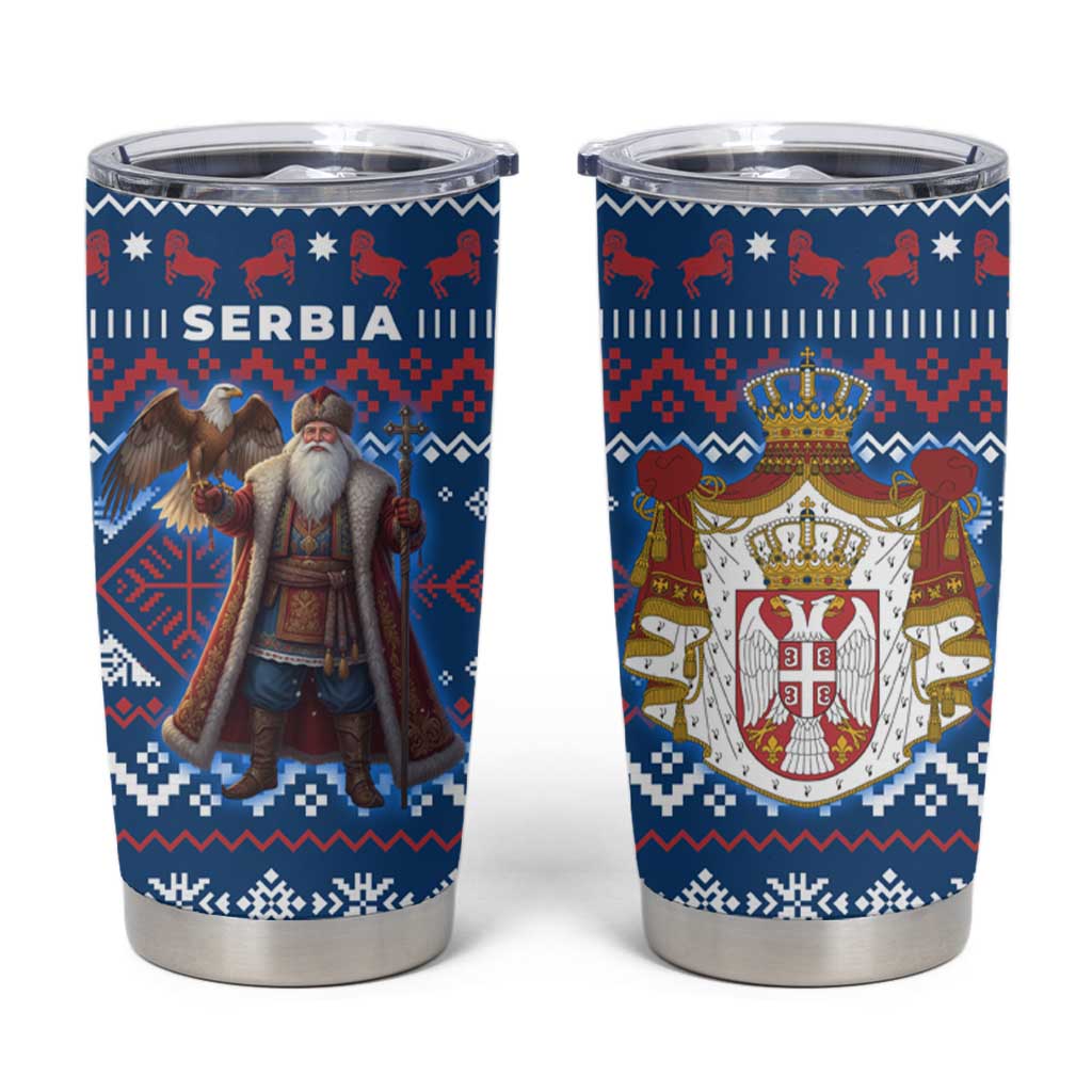 Serbia Christmas Tumbler Cup with Traditional Santa Eagle Serbian Coat of Arms and Blue Red White Folk Pattern Design - Wonder Print Shop