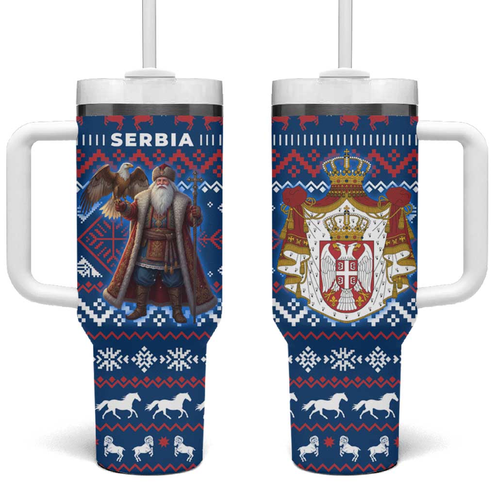 Serbia Christmas Tumbler With Handle with Traditional Santa Eagle Serbian Coat of Arms and Blue Red White Folk Pattern Design - Wonder Print Shop