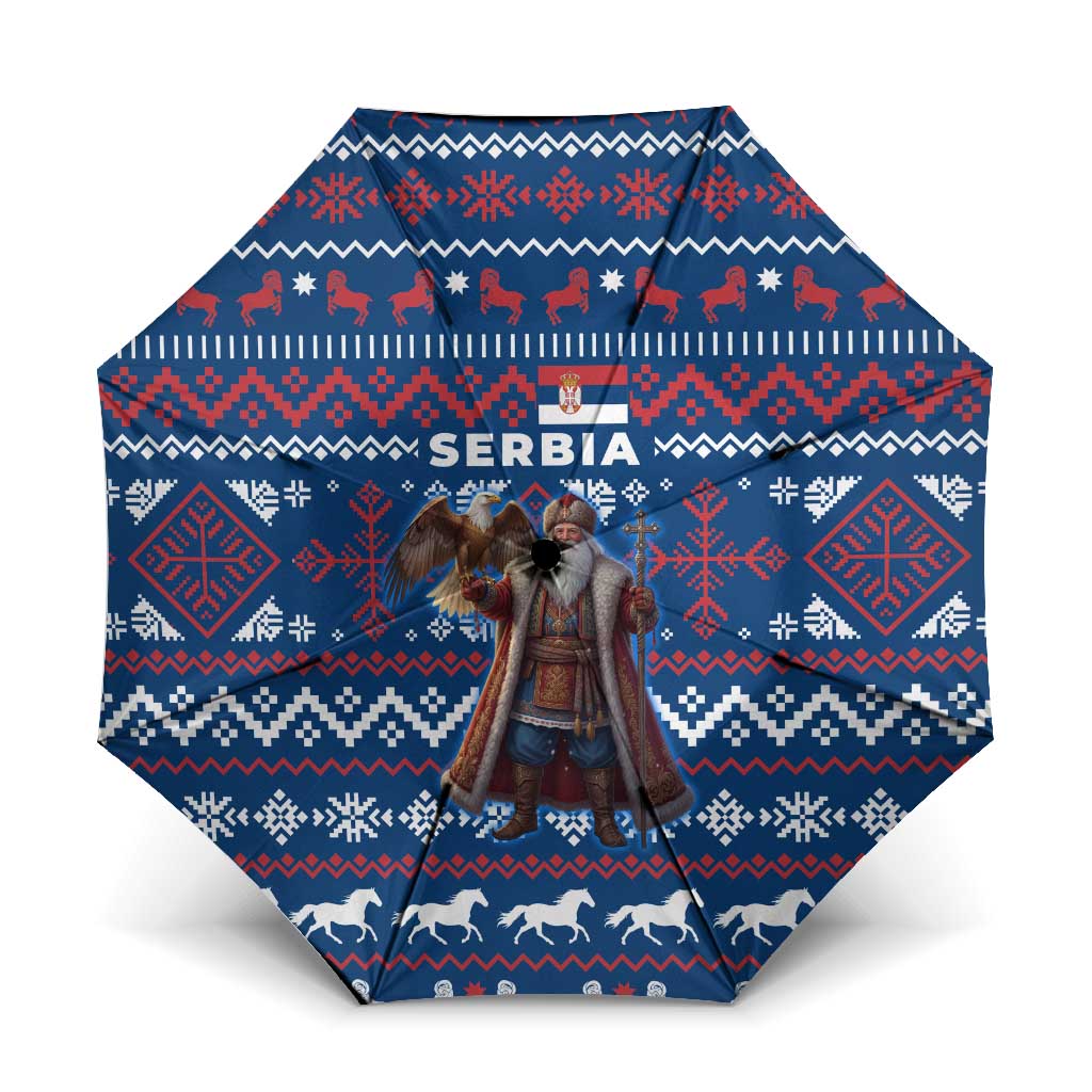 Serbia Christmas Umbrella with Traditional Santa Eagle Serbian Coat of Arms and Blue Red White Folk Pattern Design - Wonder Print Shop