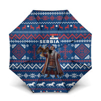 Serbia Christmas Umbrella with Traditional Santa Eagle Serbian Coat of Arms and Blue Red White Folk Pattern Design - Wonder Print Shop