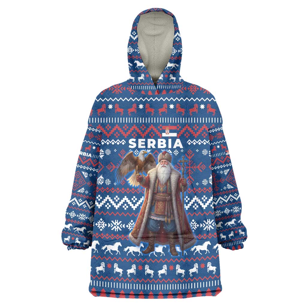 Serbia Christmas Wearable Blanket Hoodie with Traditional Santa Eagle Serbian Coat of Arms and Blue Red White Folk Pattern Design - Wonder Print Shop