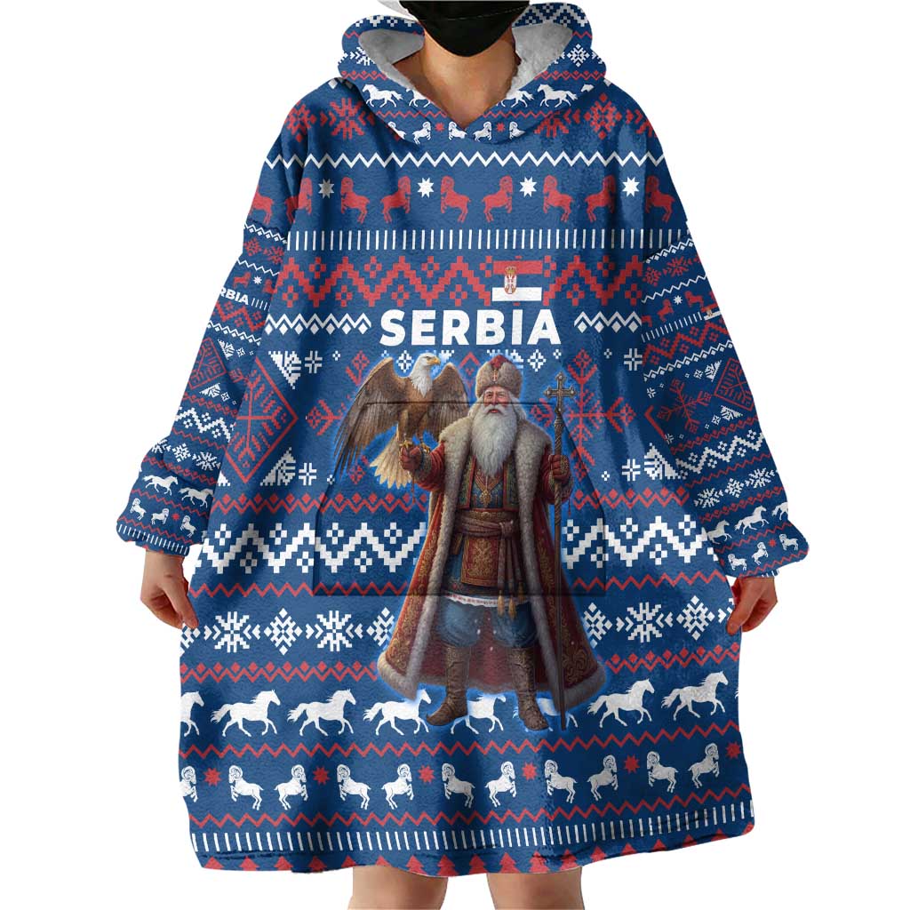 Serbia Christmas Wearable Blanket Hoodie with Traditional Santa Eagle Serbian Coat of Arms and Blue Red White Folk Pattern Design - Wonder Print Shop