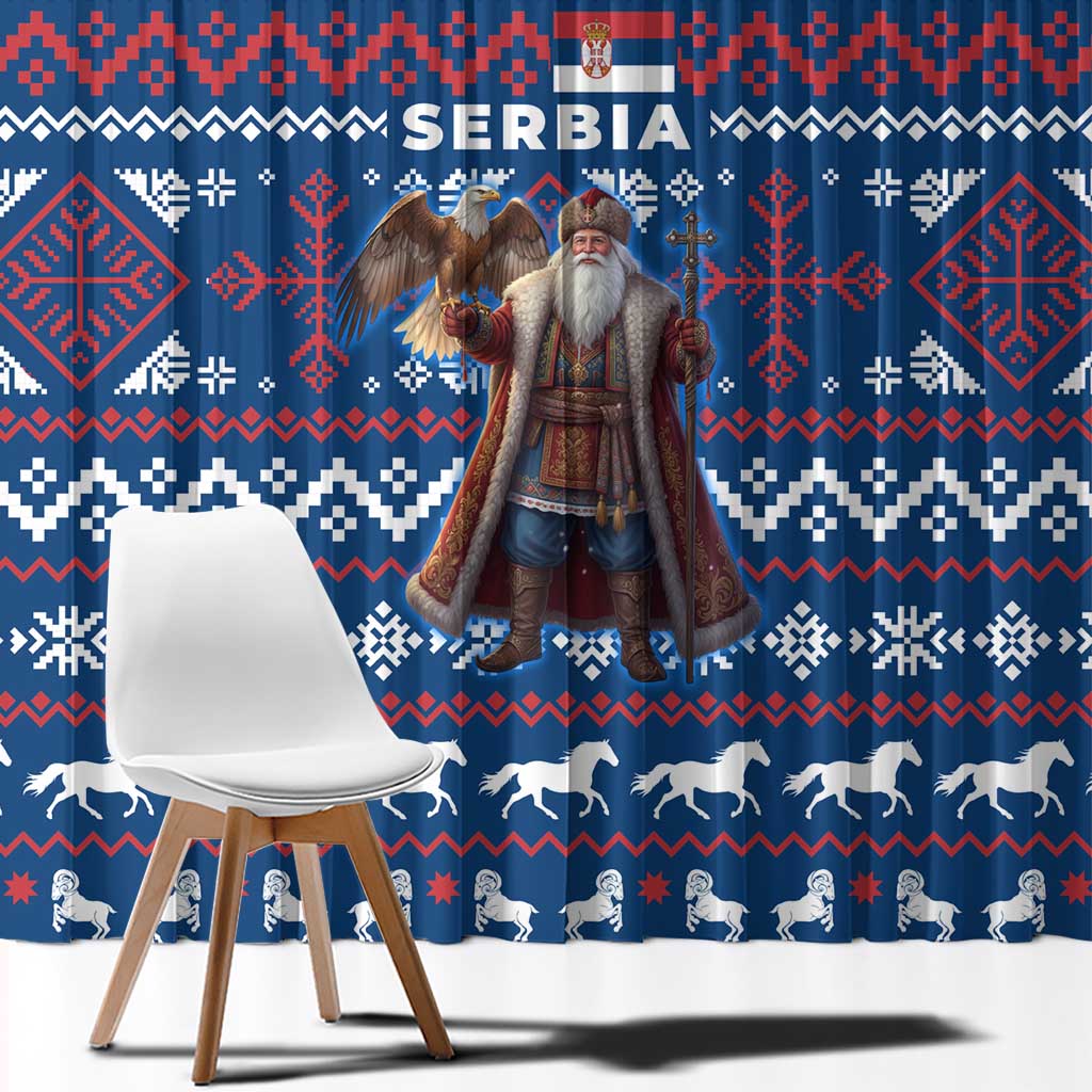 Serbia Christmas Window Curtain with Traditional Santa Eagle Serbian Coat of Arms and Blue Red White Folk Pattern Design - Wonder Print Shop