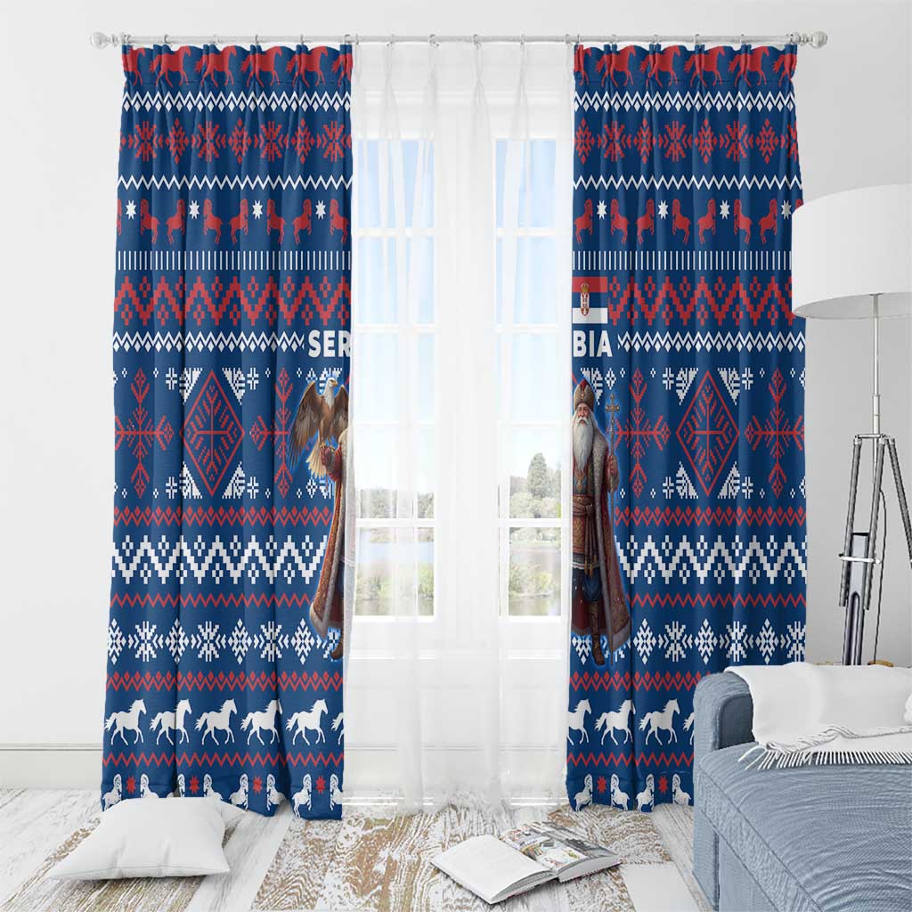 Serbia Christmas Window Curtain with Traditional Santa Eagle Serbian Coat of Arms and Blue Red White Folk Pattern Design - Wonder Print Shop