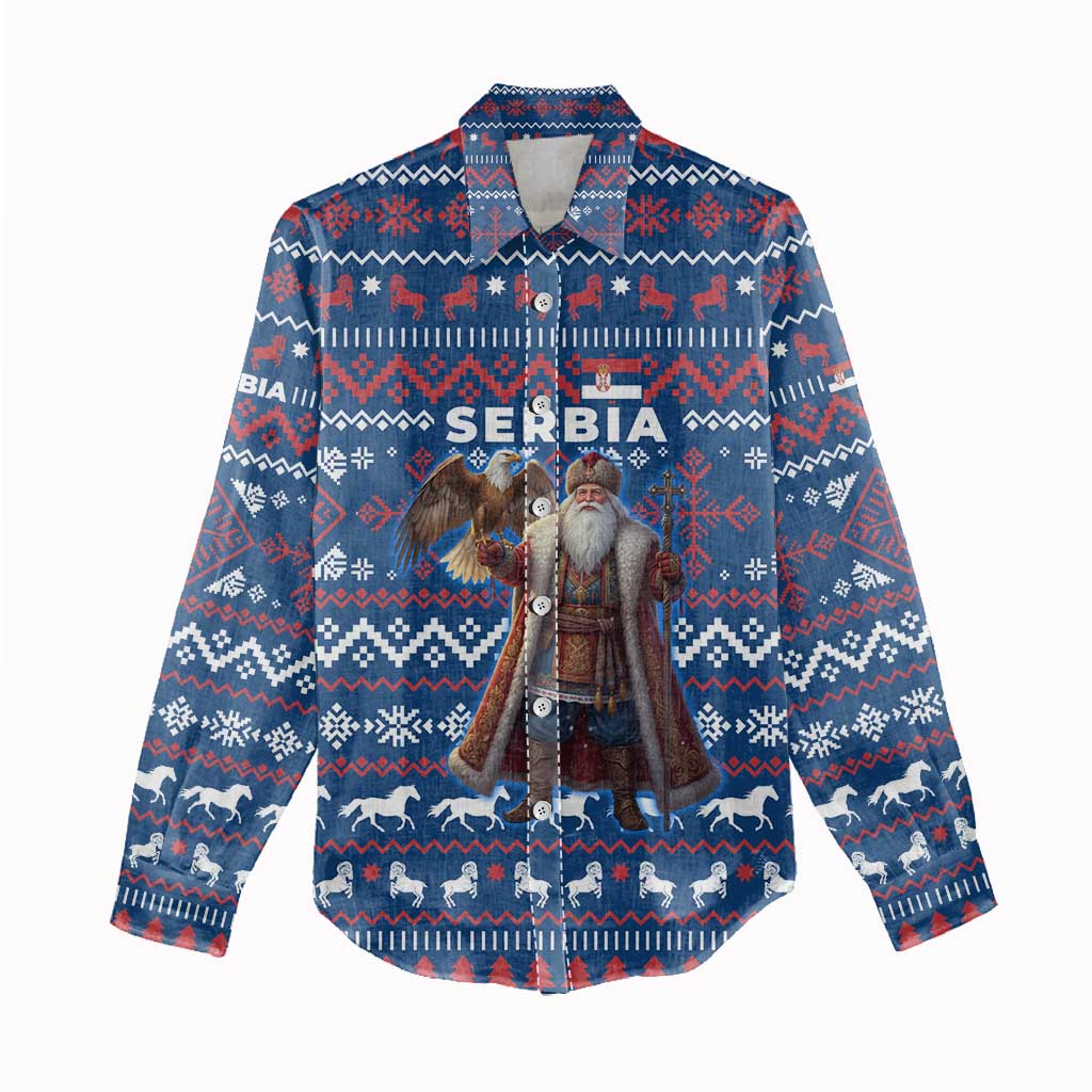 Serbia Christmas Women Casual Shirt with Traditional Santa Eagle Serbian Coat of Arms and Blue Red White Folk Pattern Design - Wonder Print Shop