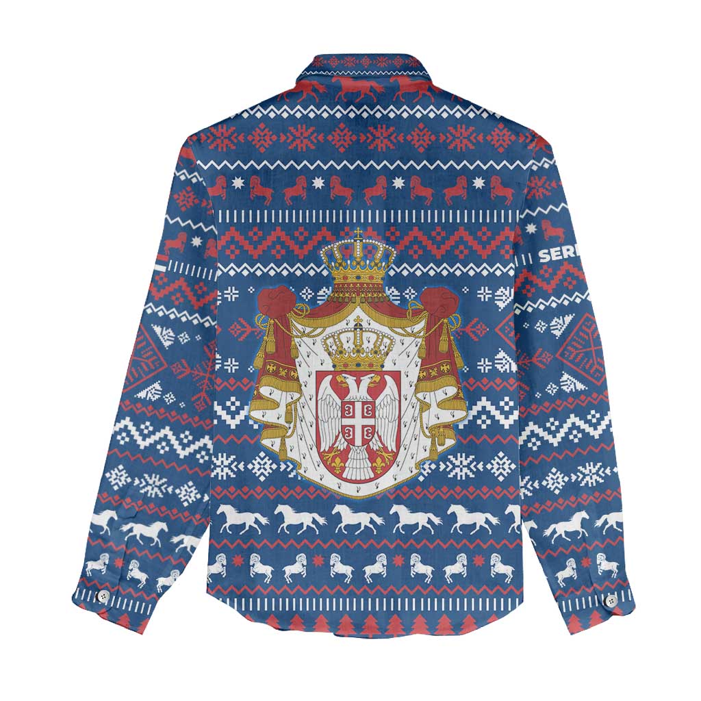 Serbia Christmas Women Casual Shirt with Traditional Santa Eagle Serbian Coat of Arms and Blue Red White Folk Pattern Design - Wonder Print Shop