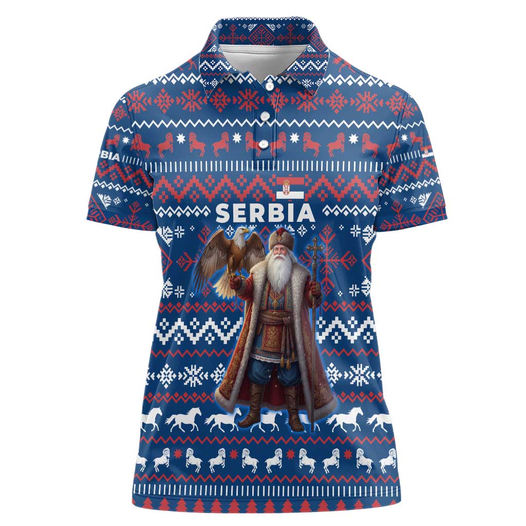Serbia Christmas Women Polo Shirt with Traditional Santa Eagle Serbian Coat of Arms and Blue Red White Folk Pattern Design - Wonder Print Shop