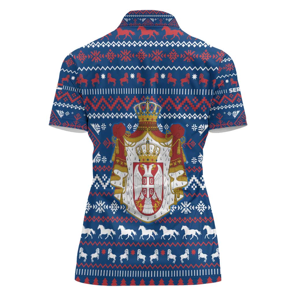 Serbia Christmas Women Polo Shirt with Traditional Santa Eagle Serbian Coat of Arms and Blue Red White Folk Pattern Design - Wonder Print Shop