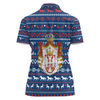 Serbia Christmas Women Polo Shirt with Traditional Santa Eagle Serbian Coat of Arms and Blue Red White Folk Pattern Design - Wonder Print Shop