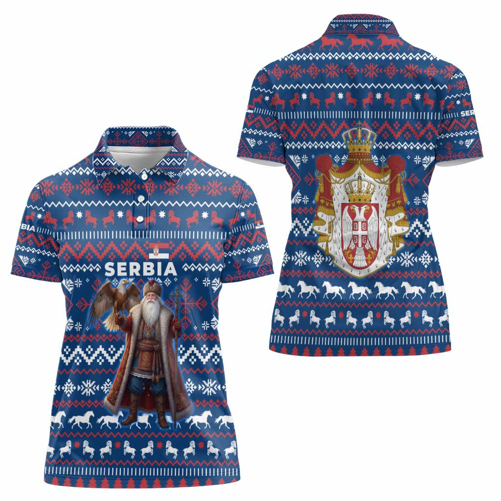 Serbia Christmas Women Polo Shirt with Traditional Santa Eagle Serbian Coat of Arms and Blue Red White Folk Pattern Design - Wonder Print Shop