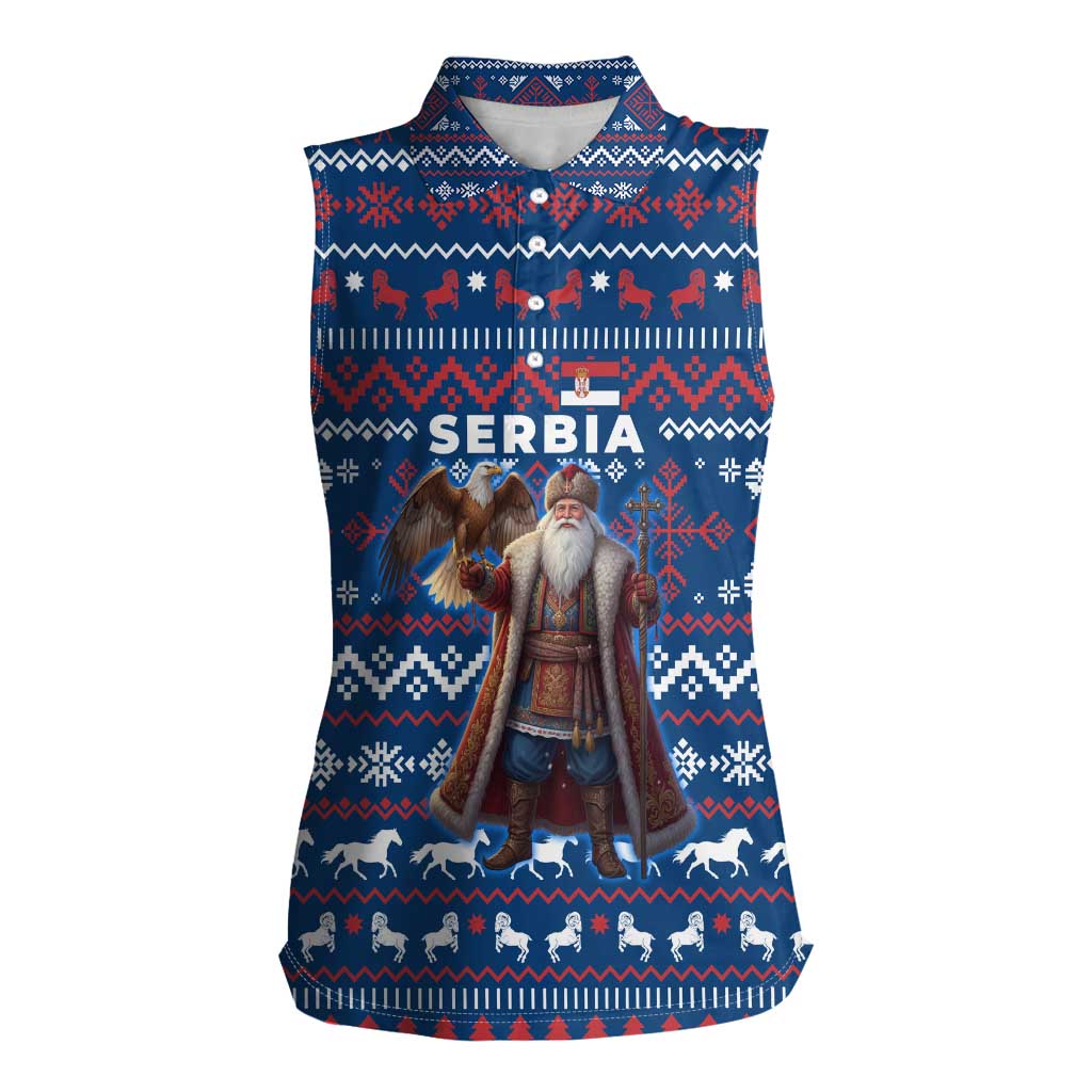 Serbia Christmas Women Sleeveless Polo Shirt with Traditional Santa Eagle Serbian Coat of Arms and Blue Red White Folk Pattern Design - Wonder Print Shop