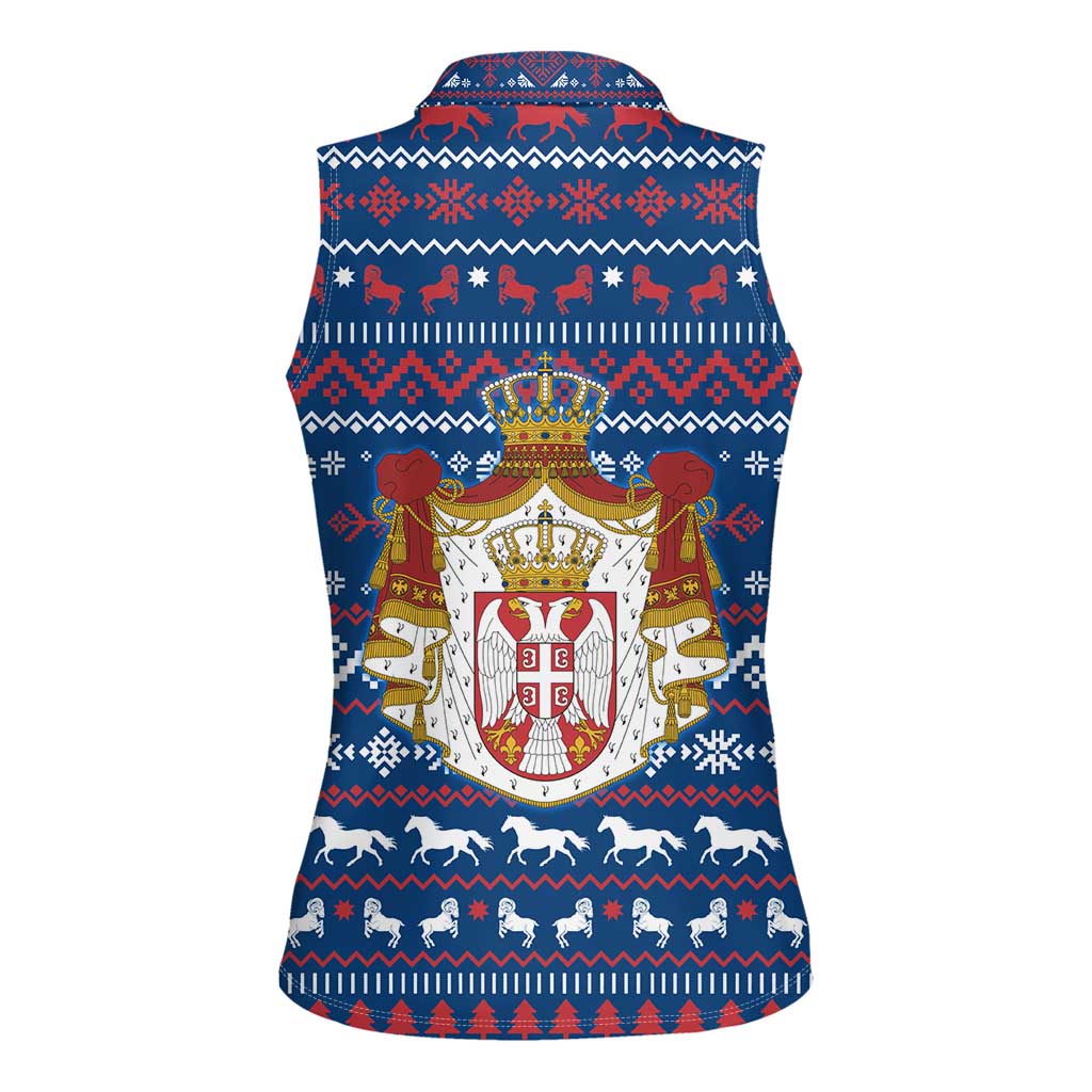 Serbia Christmas Women Sleeveless Polo Shirt with Traditional Santa Eagle Serbian Coat of Arms and Blue Red White Folk Pattern Design - Wonder Print Shop